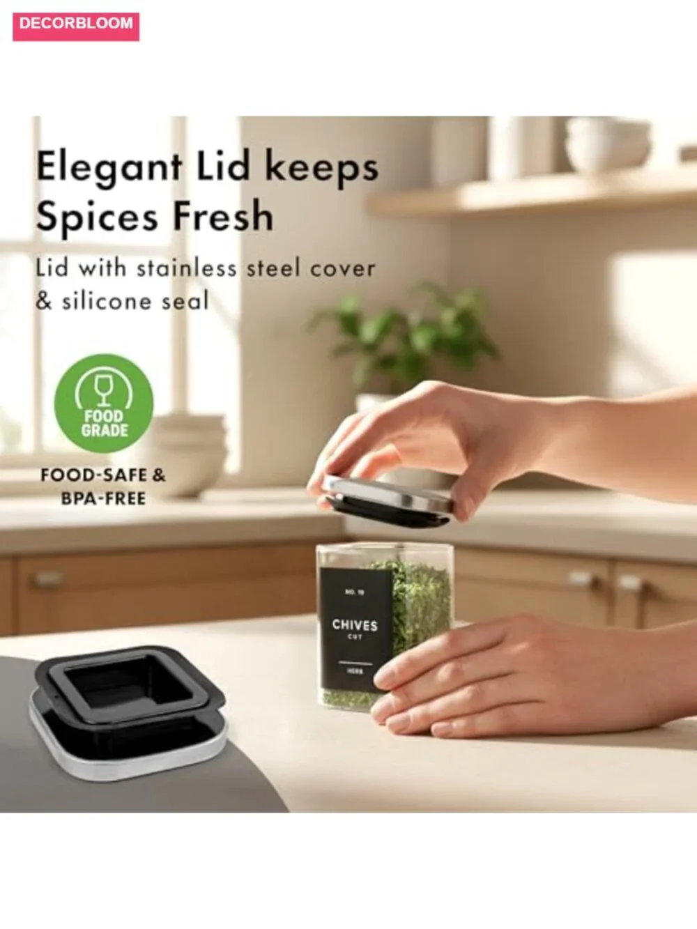 12 Square Spice Jars with Stainless Steel Lids, Funnel & 160 Labels